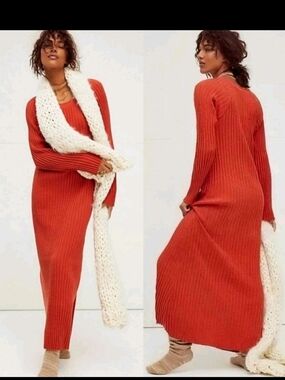 NWT Free People FP Beach Sz L Rust Orange Walkabout Stretch Ribbed Maxi Dress